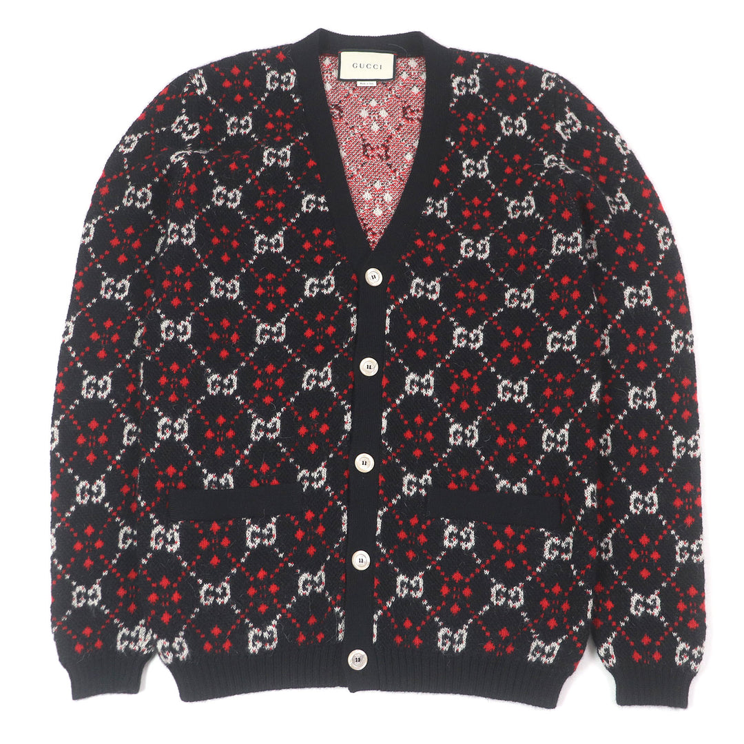 Excellent GUCCI cardigan GG Diamond Argyle black alpaca mens S 543497