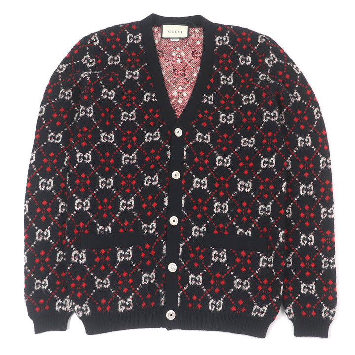 Excellent GUCCI cardigan GG Diamond Argyle black alpaca mens S 543497