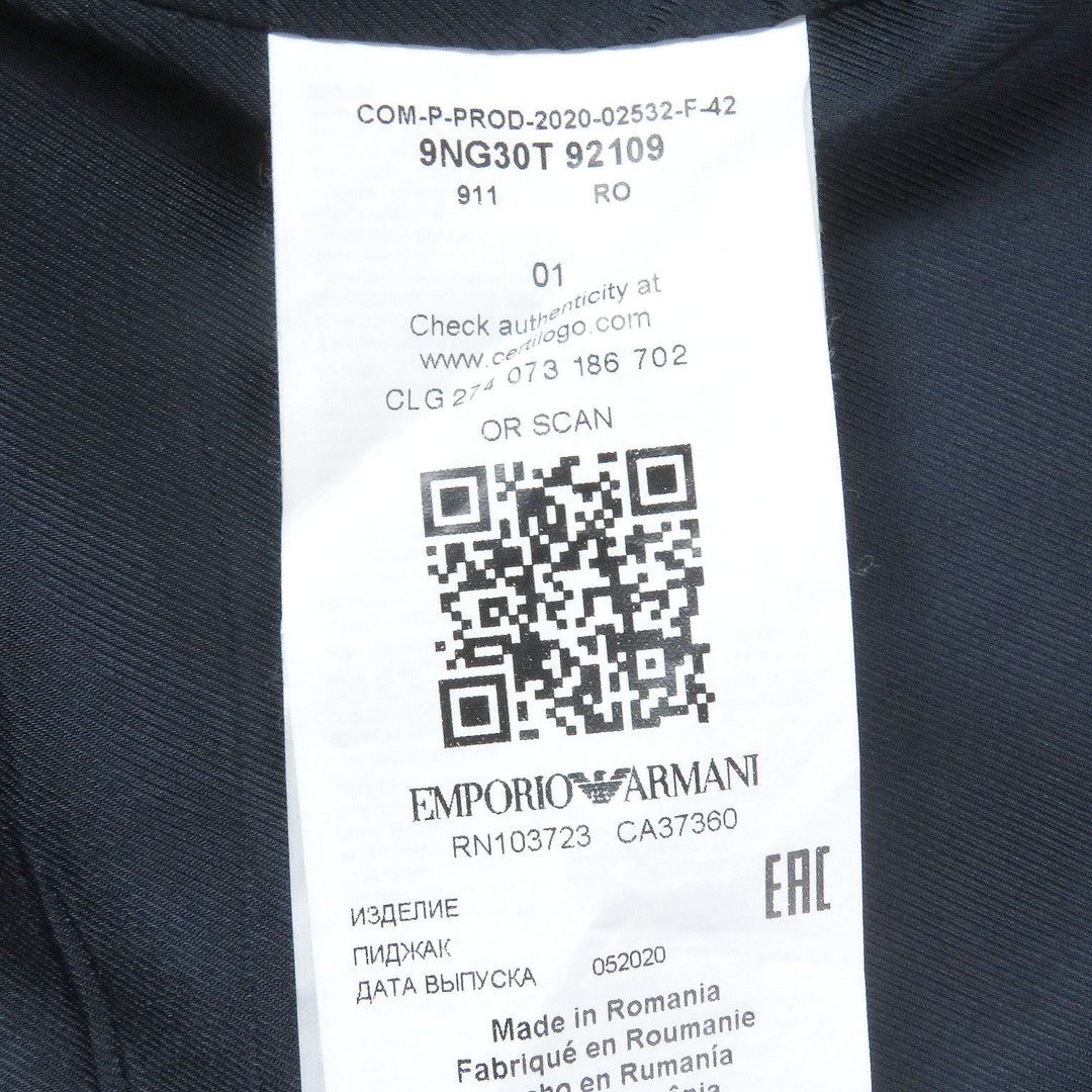 Excellent EMPORIO ARMANI Jacket Black Tag Single Tailored Navy wool mens 42