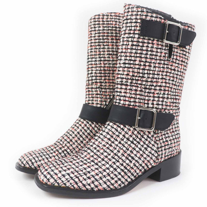 Great CHANEL Boots COCO Mark Side Zip Shoes Tweed Leather Engineer Boots tweed G27805