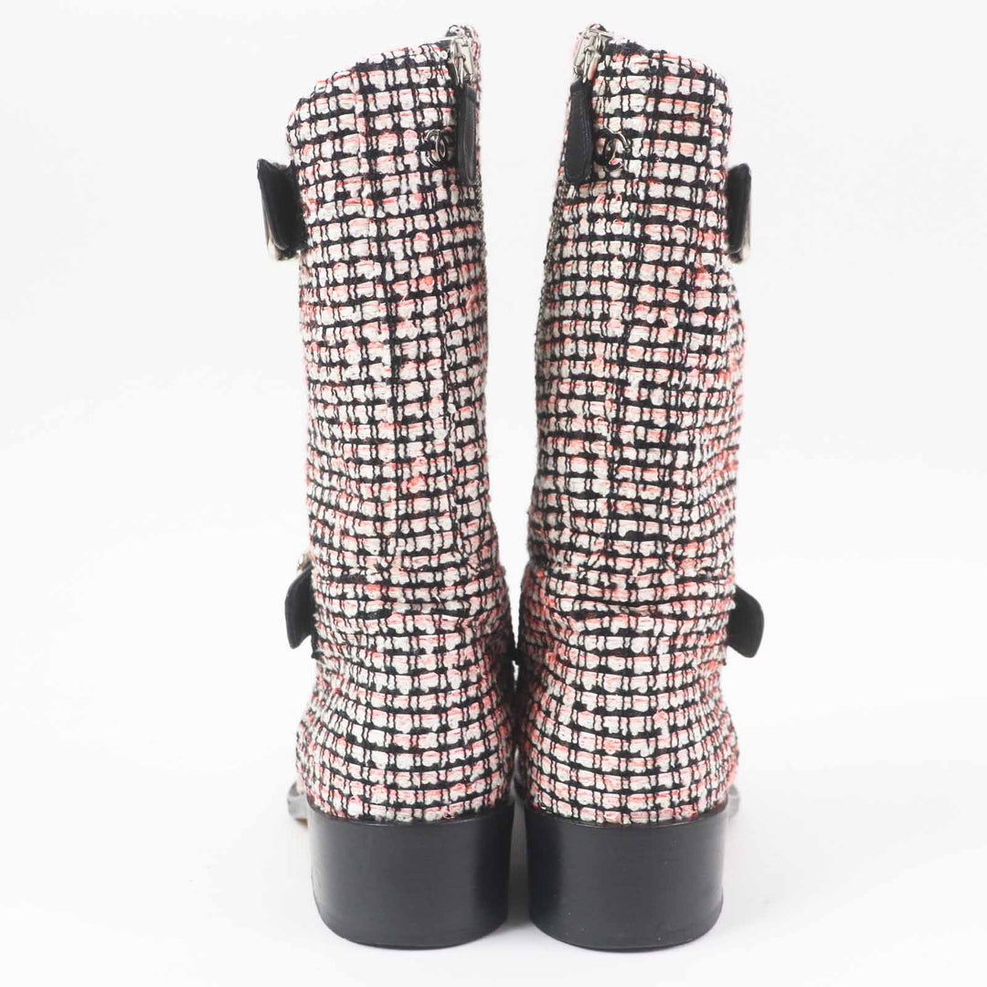 Great CHANEL Boots COCO Mark Side Zip Shoes Tweed Leather Engineer Boots tweed