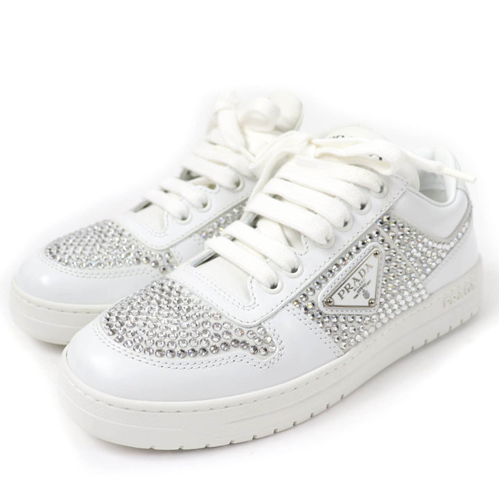 Excellent PRADA sneakers Triangle logo with crystal white leather Women 35.5 1E348N