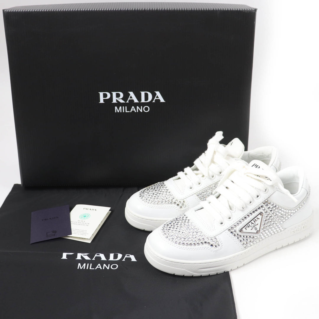 Excellent PRADA sneakers Triangle logo with crystal white leather Women 35.5 1E348N