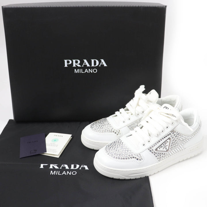 Excellent PRADA sneakers Triangle logo with crystal white leather Women 35.5 1E348N