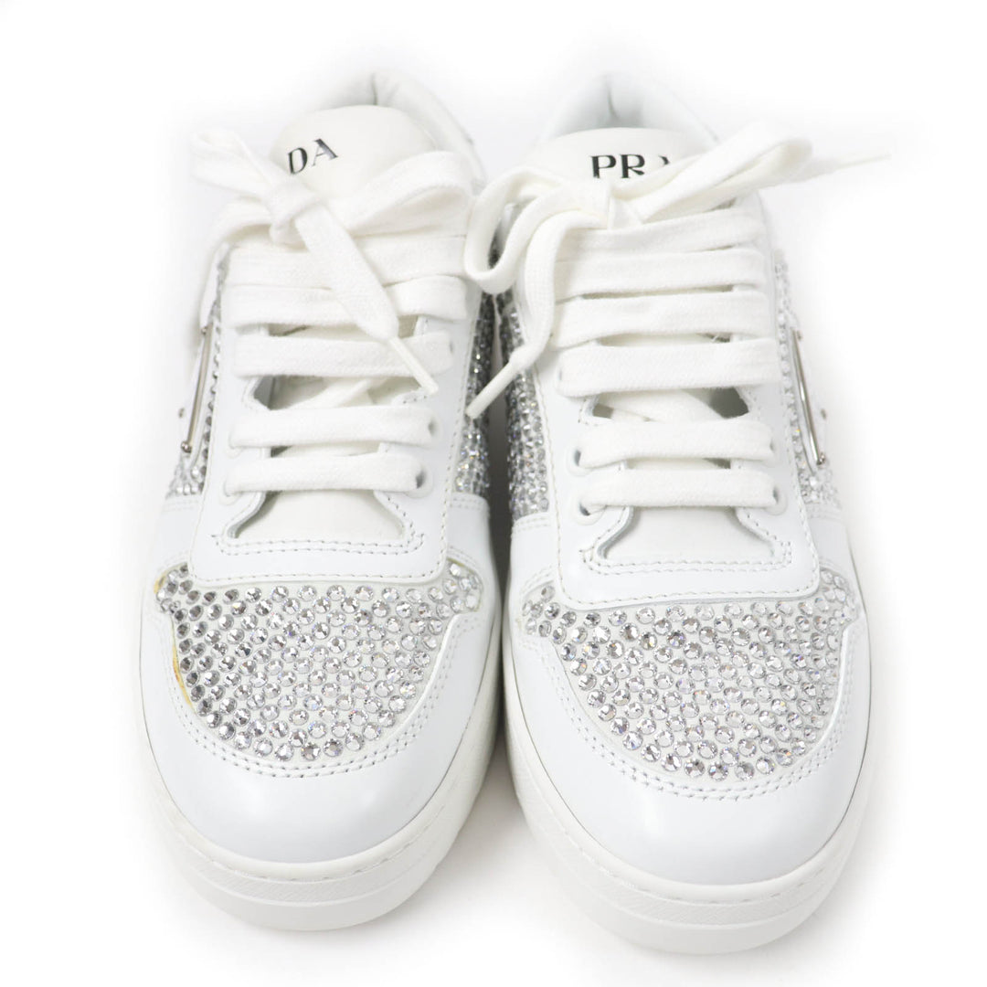 Excellent PRADA sneakers Triangle logo with crystal white leather Women 35.5 1E348N