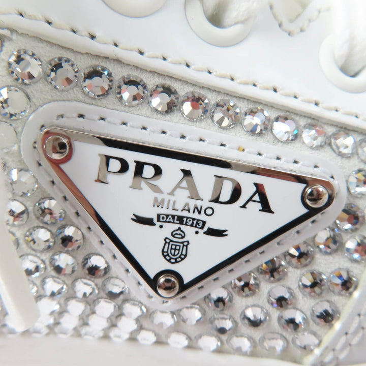 Excellent PRADA sneakers Triangle logo with crystal white leather Women 35.5 1E348N