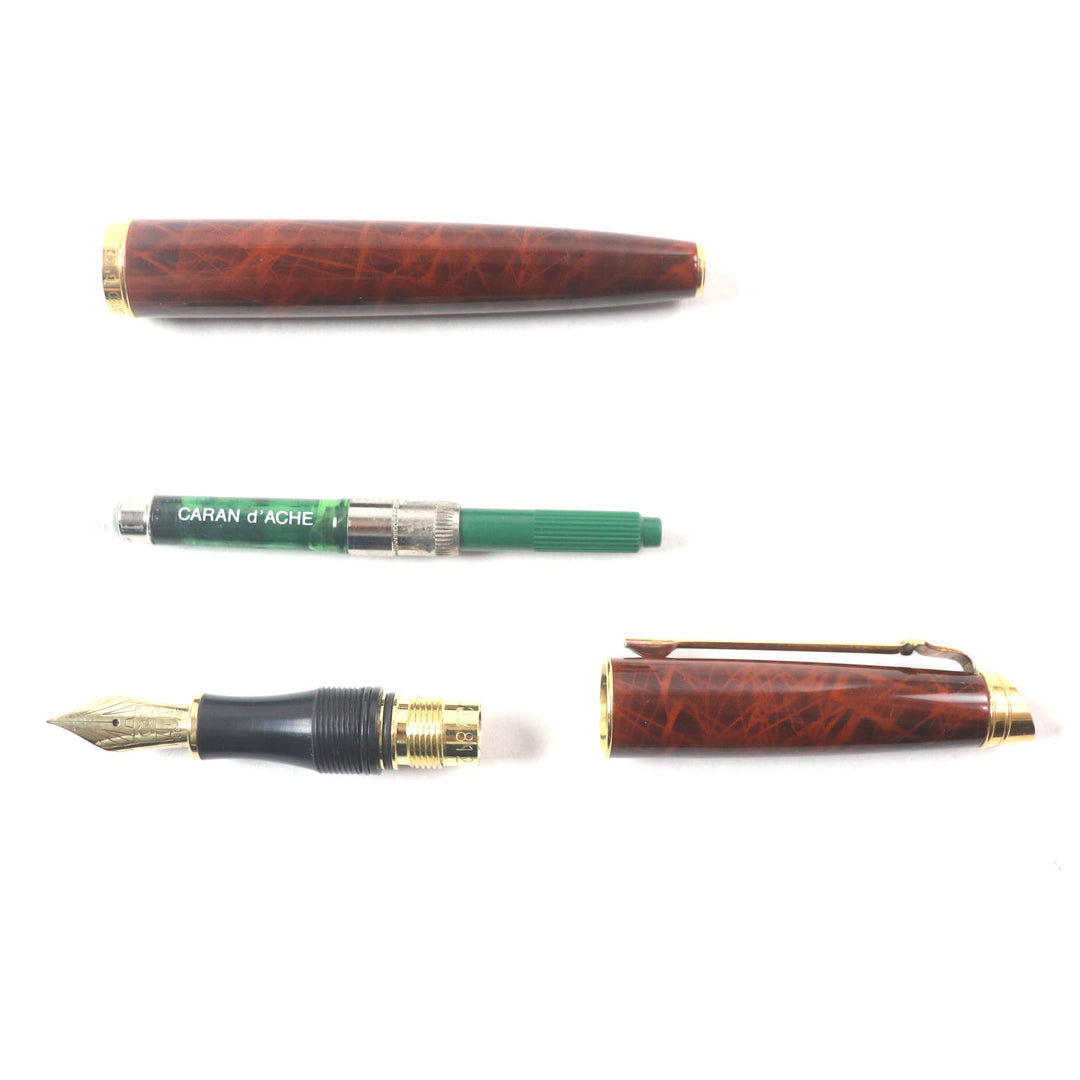 Very Good CARAN dACHE fountain pen Geneva Collection Lacquer Ecaille Marble Pattern Brown 18K mens