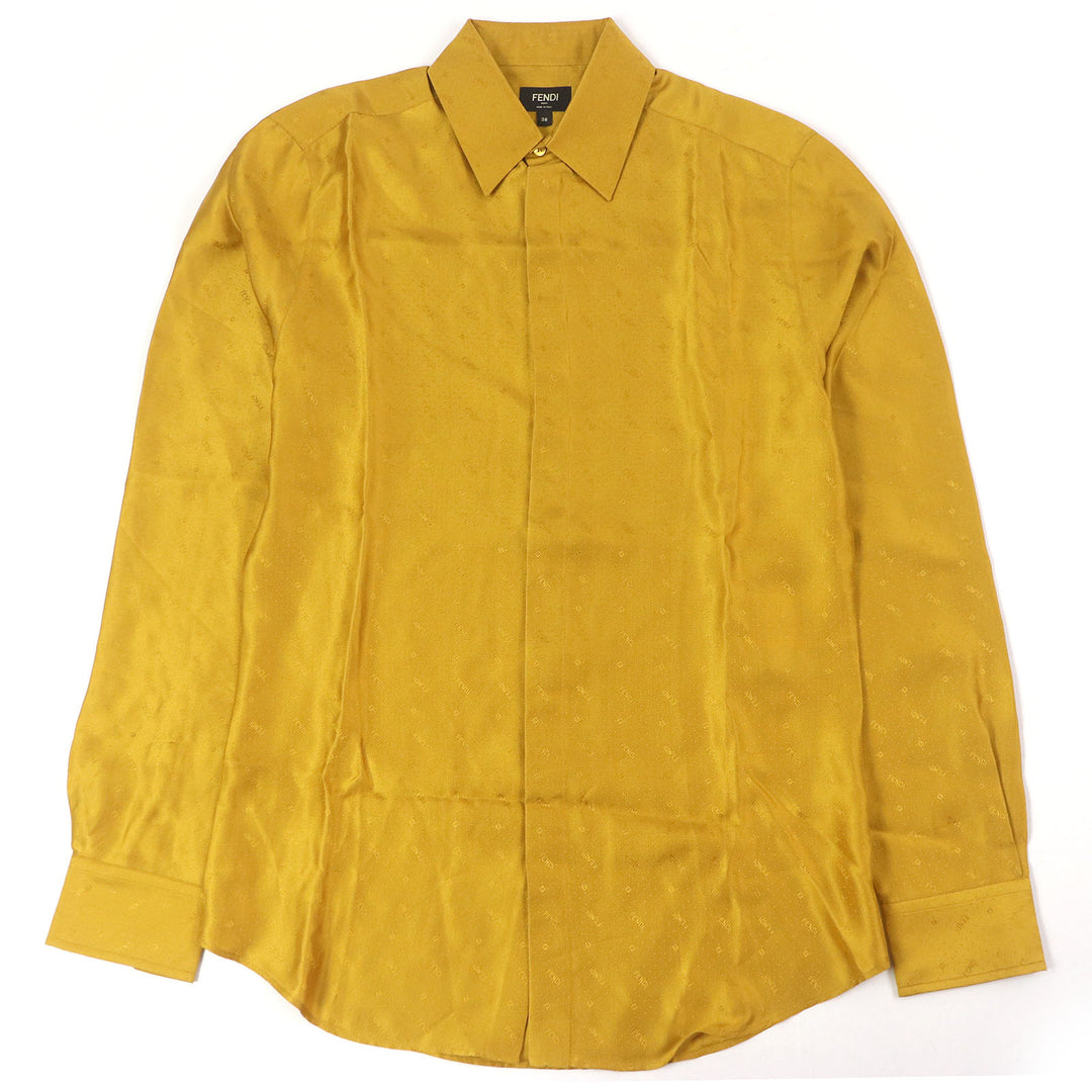 Excellent FENDI Long sleeve shirt All-over logo Zucca fly front yellow silk mens 38 FS0808