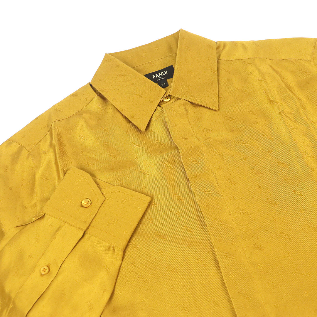 Excellent FENDI Long sleeve shirt All-over logo Zucca fly front yellow silk mens 38 FS0808