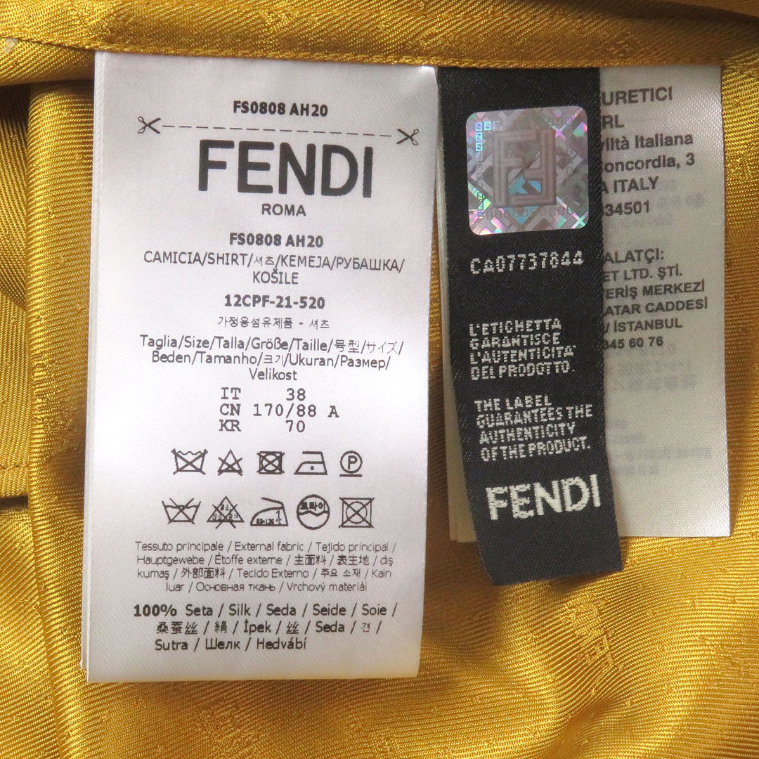 Excellent FENDI Long sleeve shirt All-over logo Zucca fly front yellow silk mens 38 FS0808