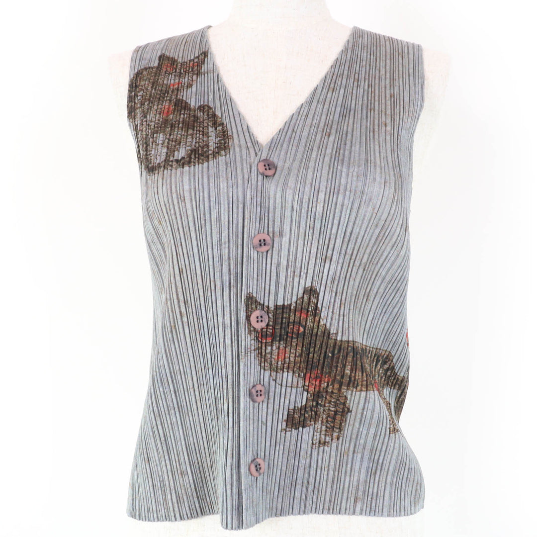 Excellent PLEATS PLEASE Best Folk Painting Tiger Animal Pattern Gray Women 4