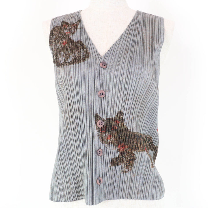 Excellent PLEATS PLEASE Best Folk Painting Tiger Animal Pattern Gray Women 4