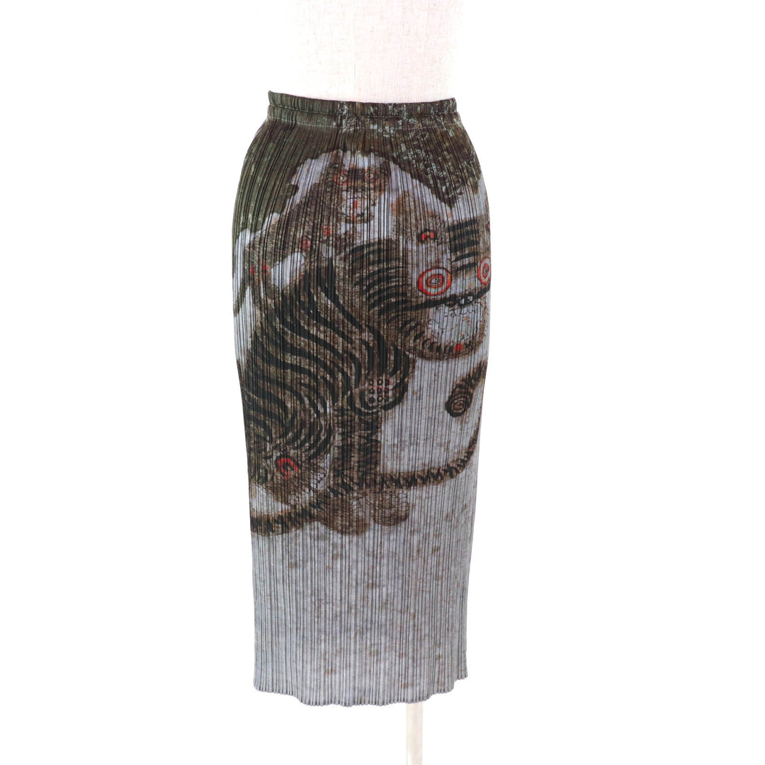 Excellent PLEATS PLEASE Long skirt Folk Painting Tiger Print Pleated Multi 1