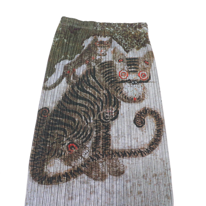 Excellent PLEATS PLEASE Long skirt Folk Painting Tiger Print Pleated Multi 1