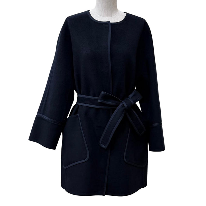 Great Loro Piana coat Belted, concealed placket, collarless Navy cashmere L