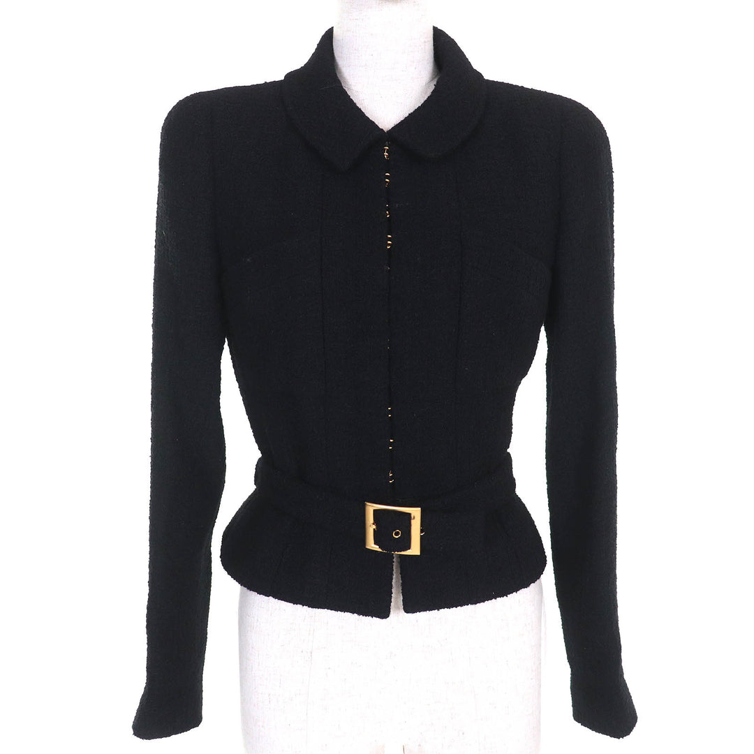 Great CHANEL Jacket COCO Mark button belted tweed shorts black wool 36 96A