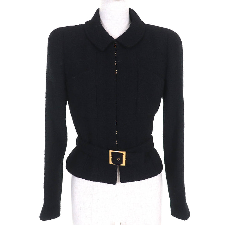 Great CHANEL Jacket COCO Mark button belted tweed shorts black wool 36 96A