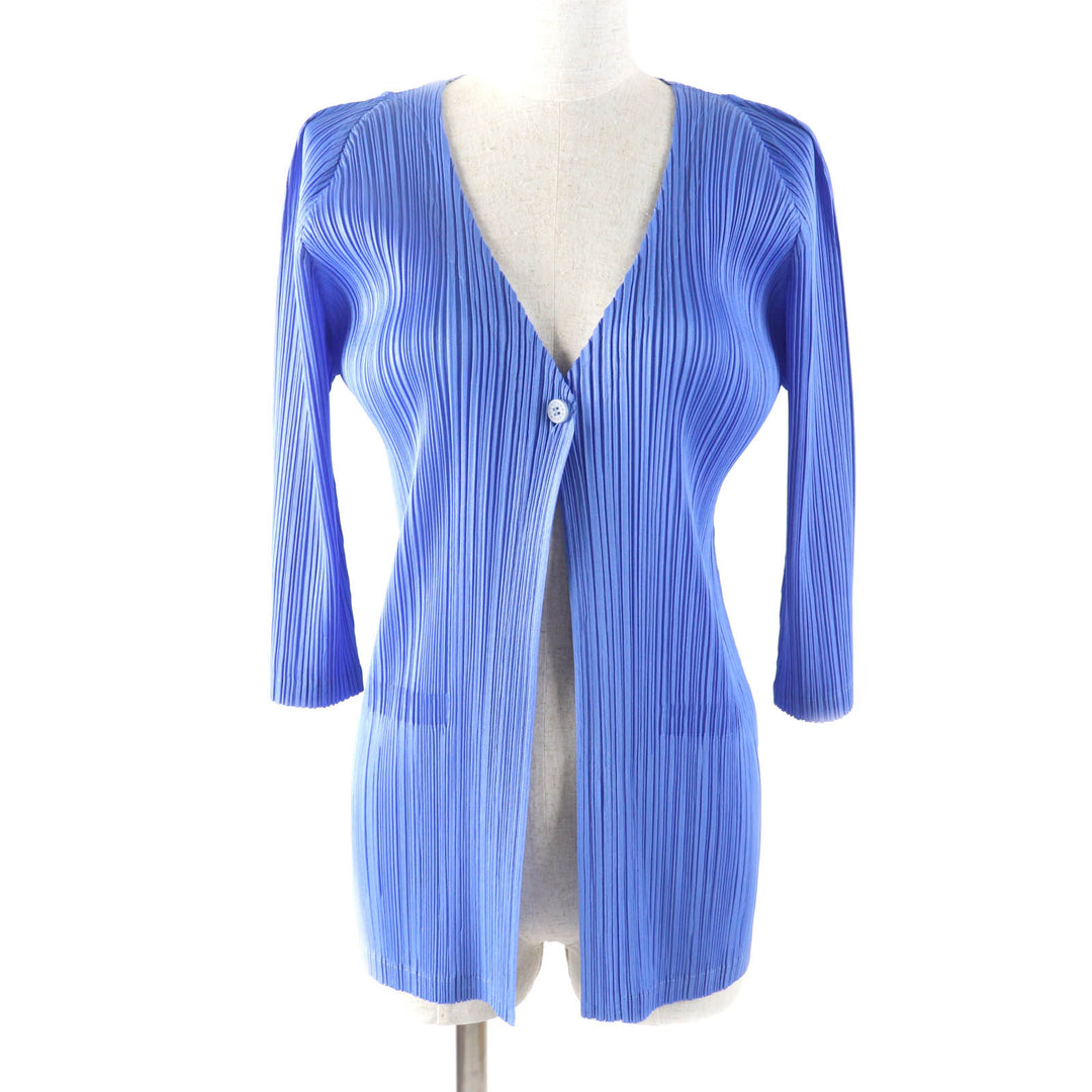Great PLEATS PLEASE cardigan Logo button V-neck 3/4 sleeve Pleated blue 4 PP03-J0127
