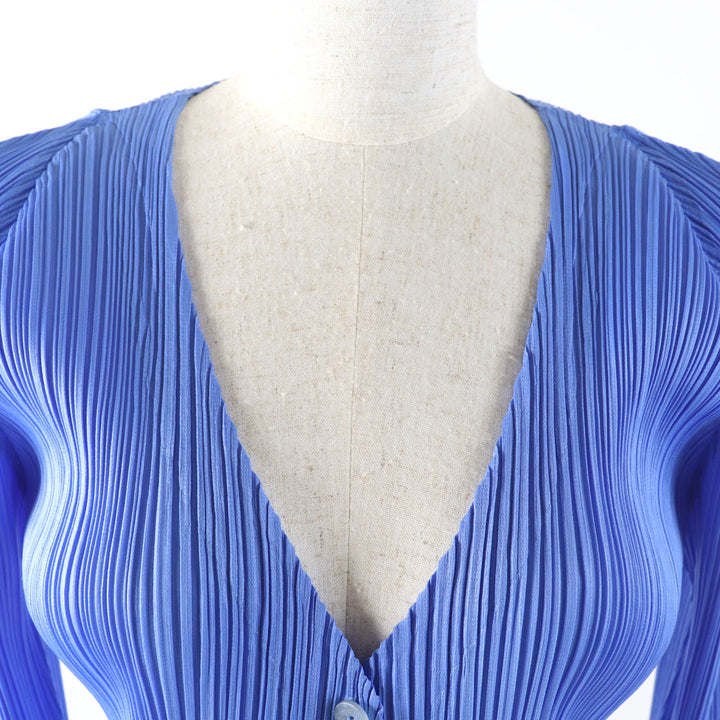Great PLEATS PLEASE cardigan Logo button V-neck 3/4 sleeve Pleated blue 4 PP03-J0127