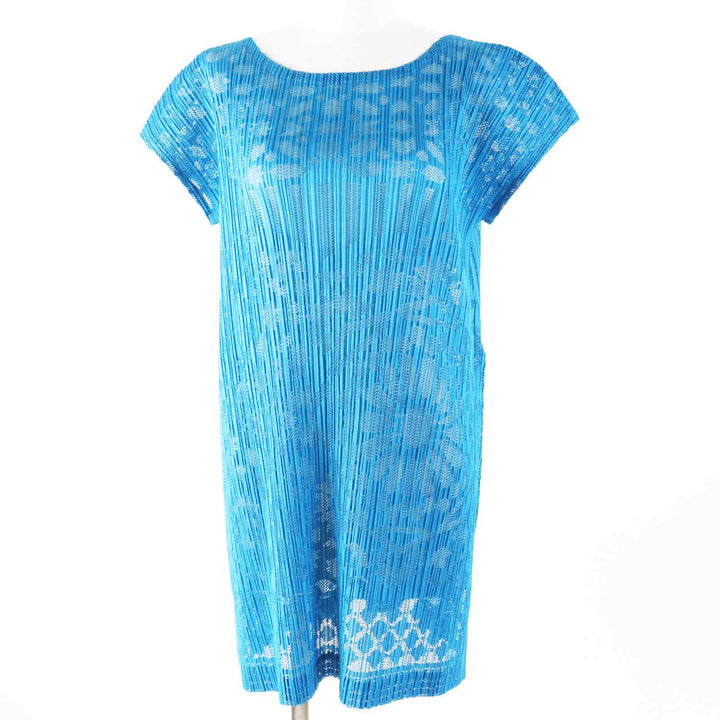 Excellent PLEATS PLEASE Tunic Cutwork design French sleeves Light blue Women 3