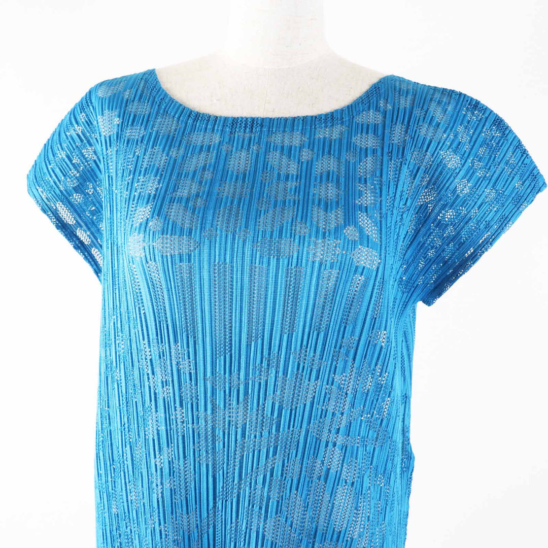 Excellent PLEATS PLEASE Tunic Cutwork design French sleeves Light blue Women 3