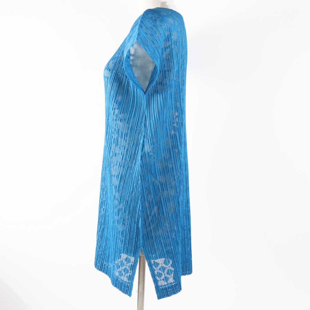 Excellent PLEATS PLEASE Tunic Cutwork design French sleeves Light blue Women 3