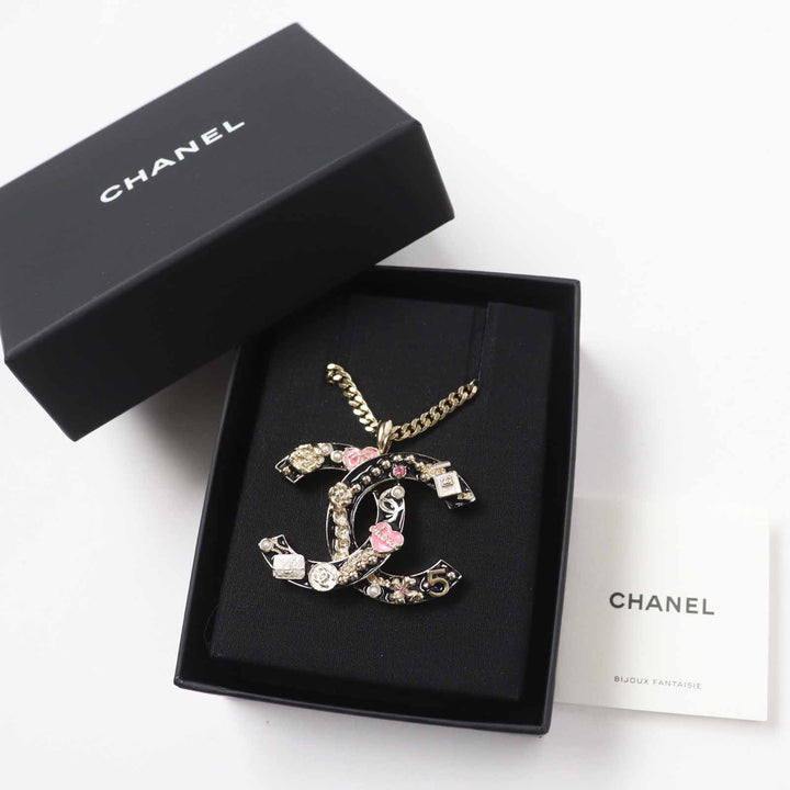 Excellent CHANEL Necklace Camellia Perfume Bag Icon Design Large COCO Mark B24P