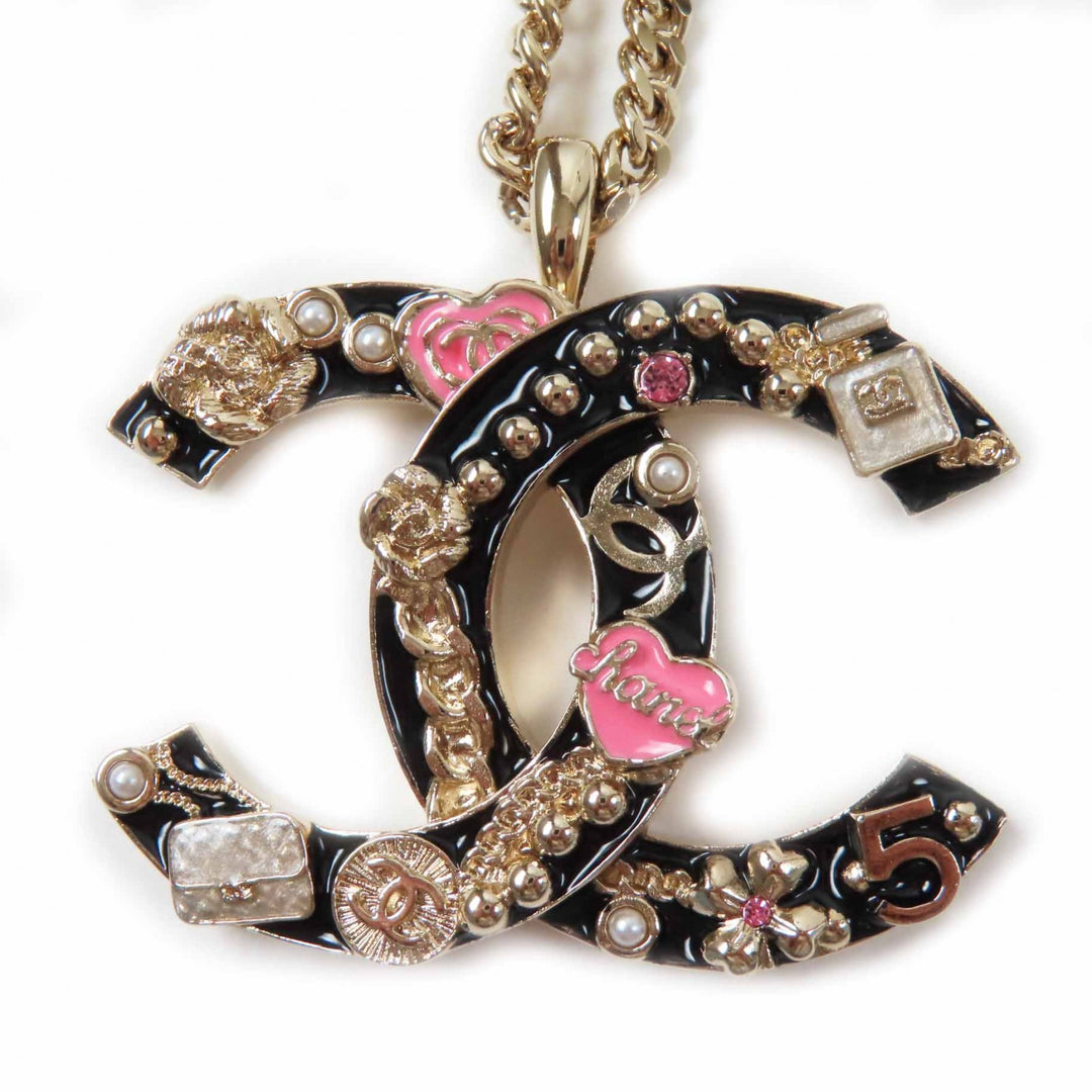 Excellent CHANEL Necklace Camellia Perfume Bag Icon Design Large COCO Mark B24P