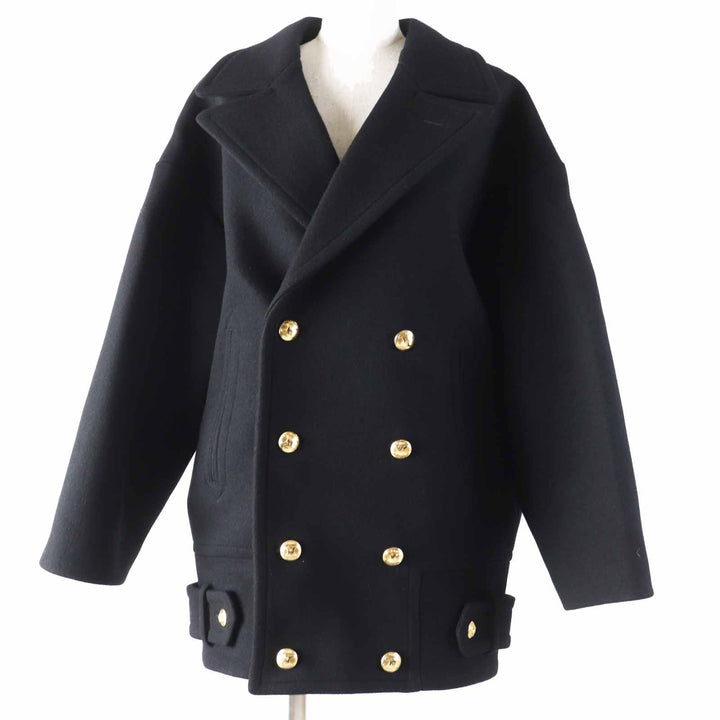 CELINE pea coat Triomphe gold button egg shape black wool Women 36 2M06A814E