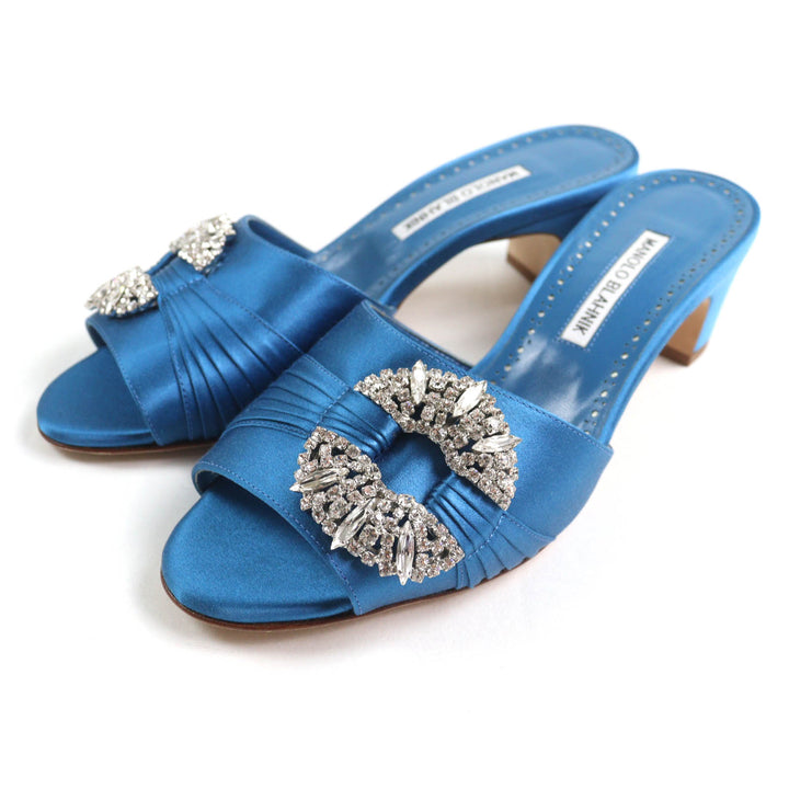 Excellent MANOLO BLAHNIK Sandals Prinap 50 Satin mules blue Satin Women 38