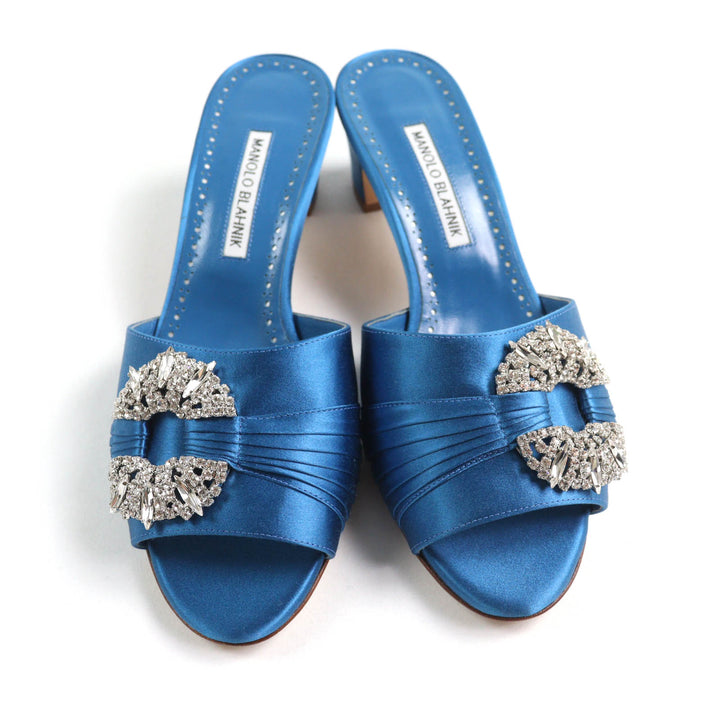 Excellent MANOLO BLAHNIK Sandals Prinap 50 Satin mules blue Satin Women 38