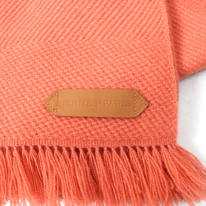 Pristine HERMES Scarf Grand Chevron Leather logo patch and fringe scarf cashmere