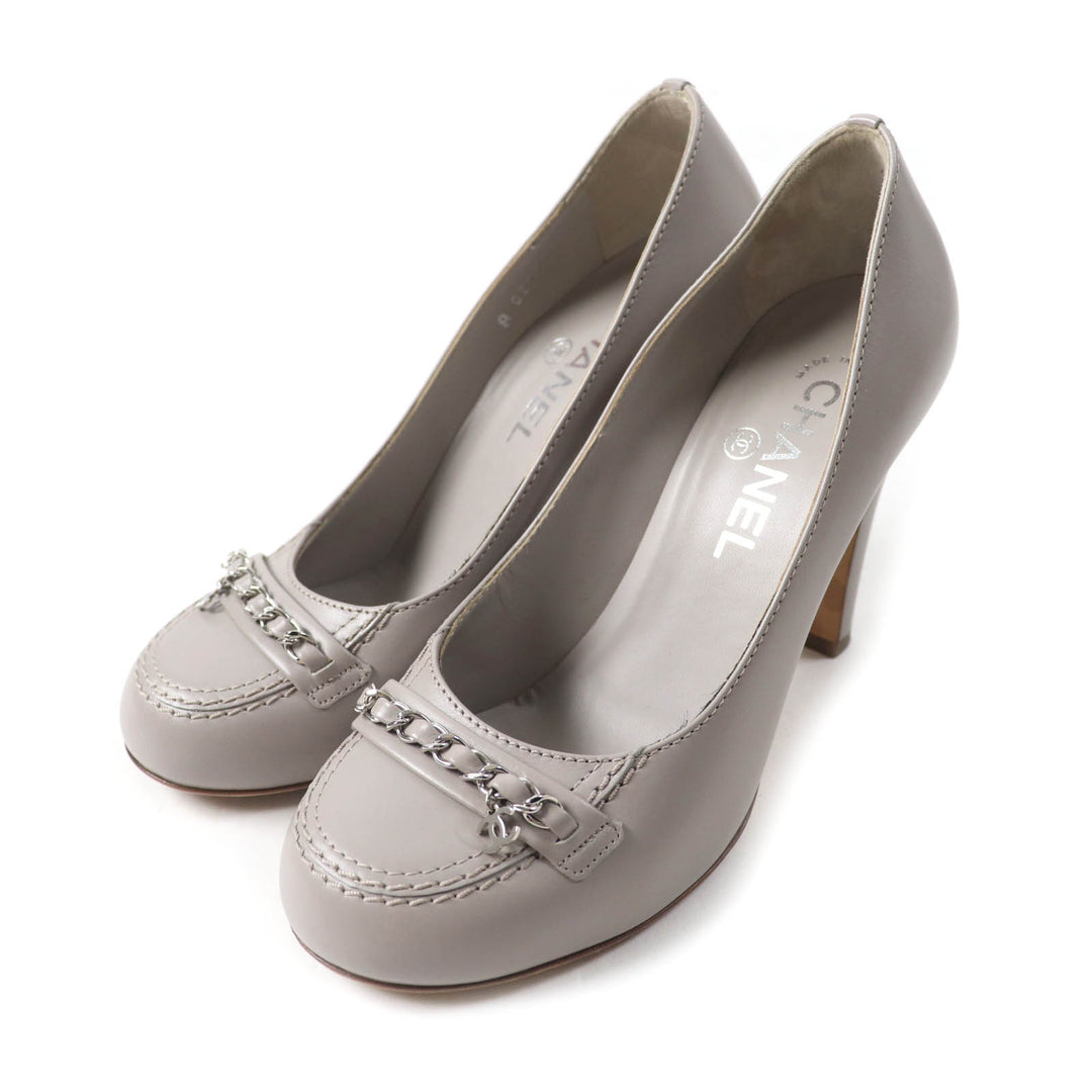 Great CHANEL pumps COCO MarkChain decorated round toe gray leather Women 36.5