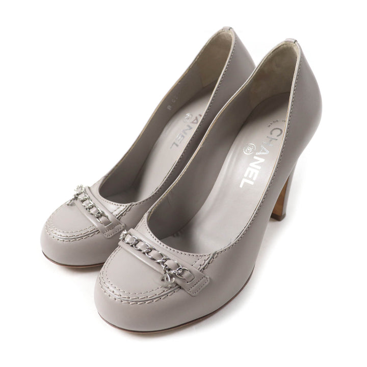 Great CHANEL pumps COCO MarkChain decorated round toe gray leather Women 36.5
