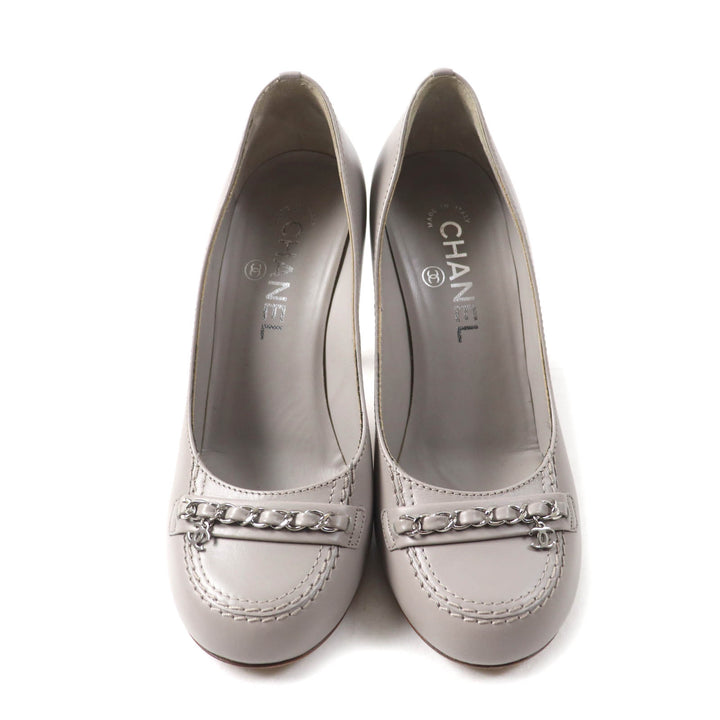 Great CHANEL pumps COCO MarkChain decorated round toe gray leather Women 36.5