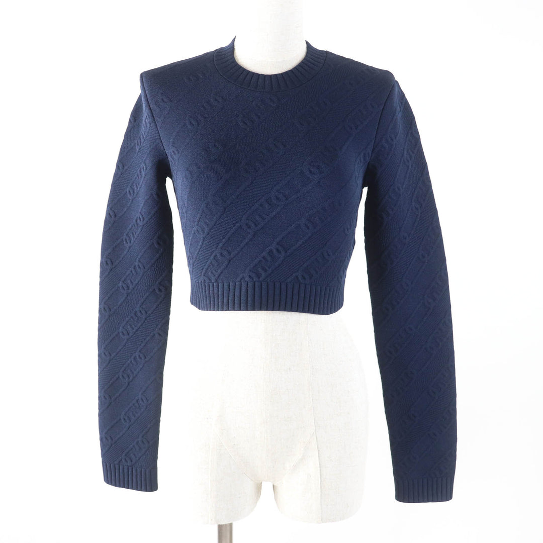 Pristine FENDI knit FF logo Crew neck Cropped length Long sleeves Navy Women 40 FZX831