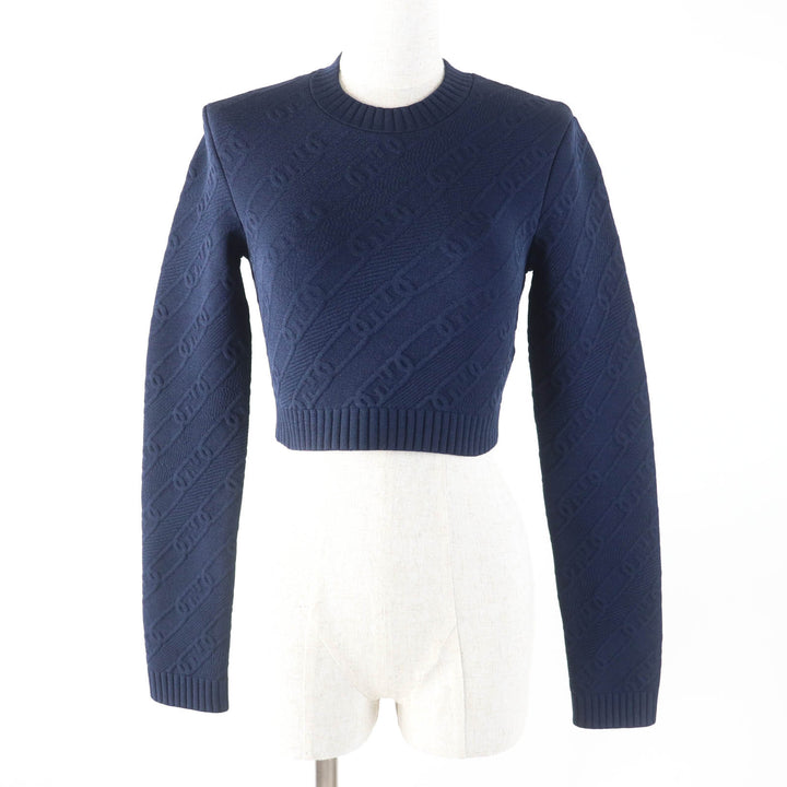 Pristine FENDI knit FF logo Crew neck Cropped length Long sleeves Navy Women 40 FZX831