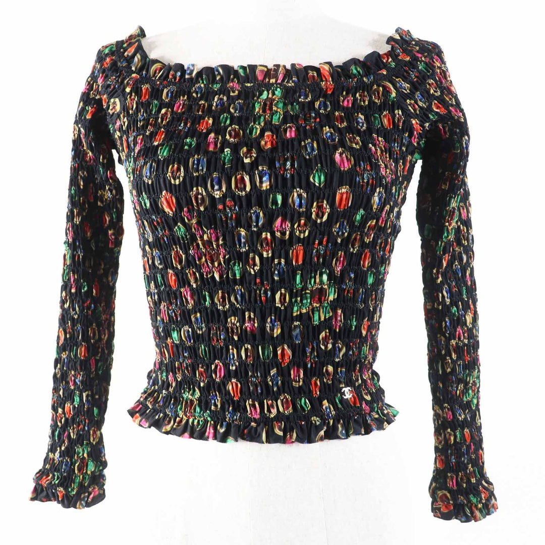 Excellent CHANEL blouse Off-Shoulder Shirring black multi polyester Women 34