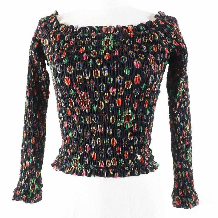 Excellent CHANEL blouse Off-Shoulder Shirring black multi polyester Women 34
