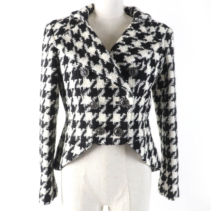 CHANEL Jacket COCO Mark Button Houndstooth Pattern Tweed Women 36 P62358V47832