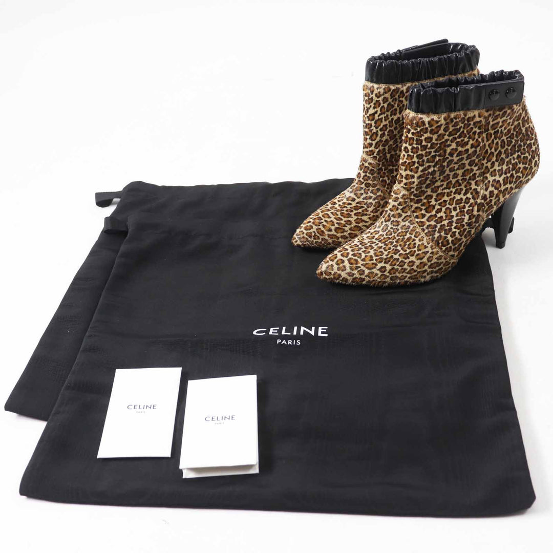Excellent CELINE short boots Leopard Pattern Pointed Toe Brown black Harako