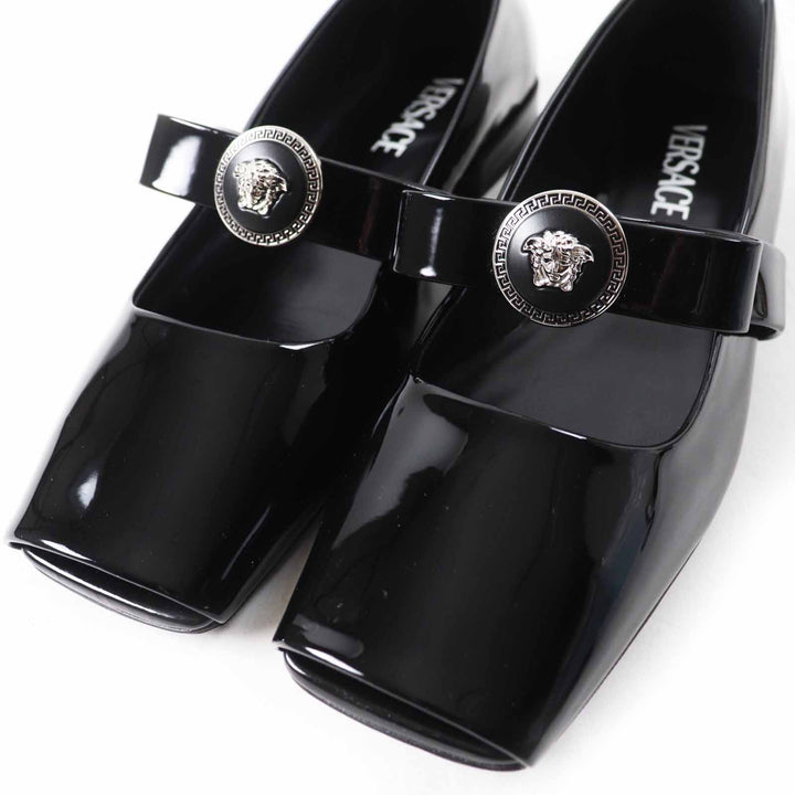 Pristine VERSACE pumps Jumbo Ribbon Ballerina Open to black Patent leather