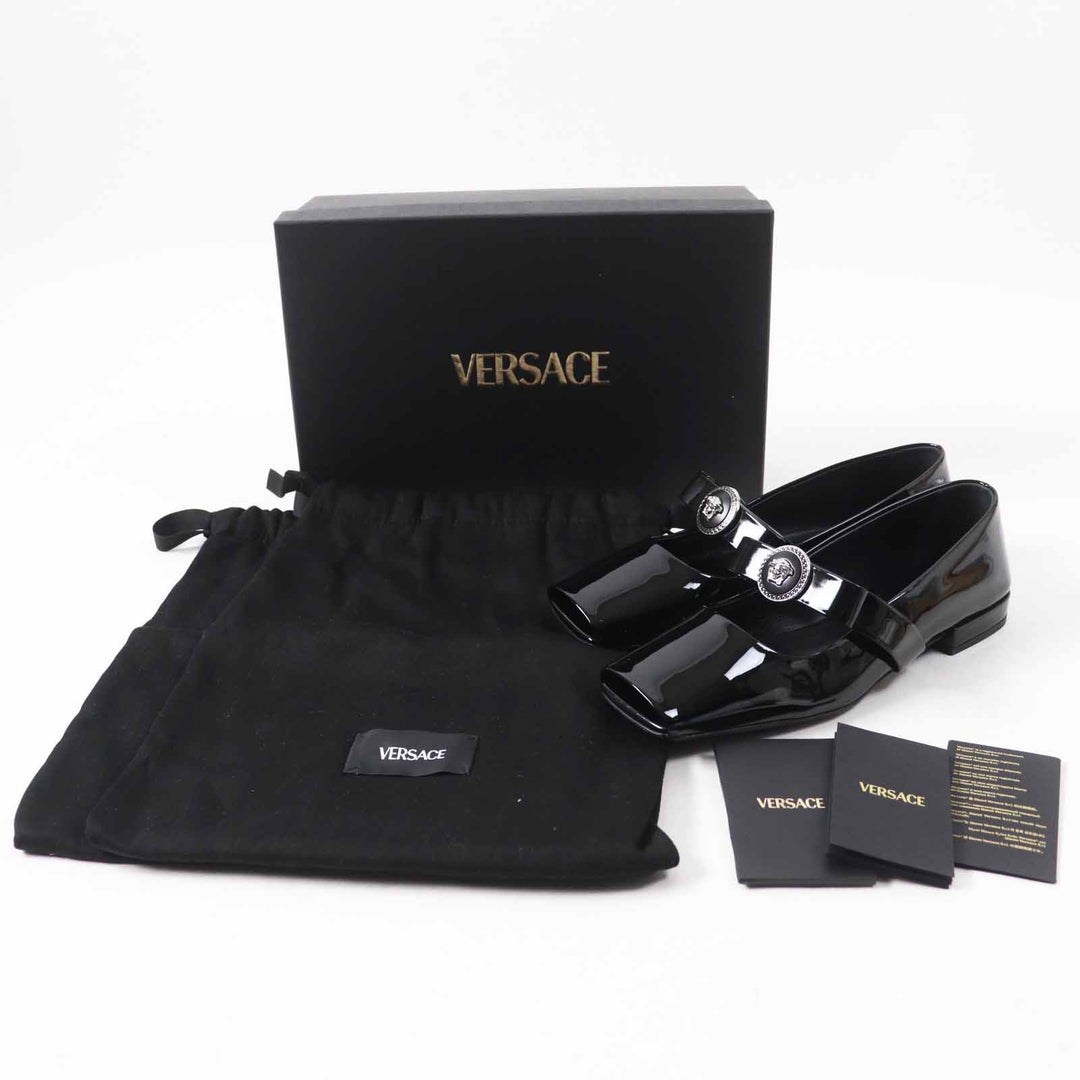 Pristine VERSACE pumps Jumbo Ribbon Ballerina Open to black Patent leather