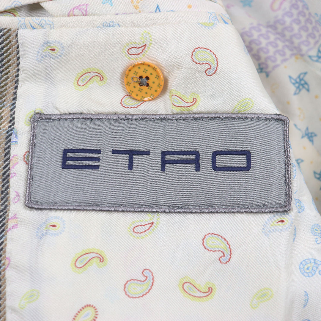 Great ETRO tailored jacket Paisley lining, logo button tweed black brown mens 48