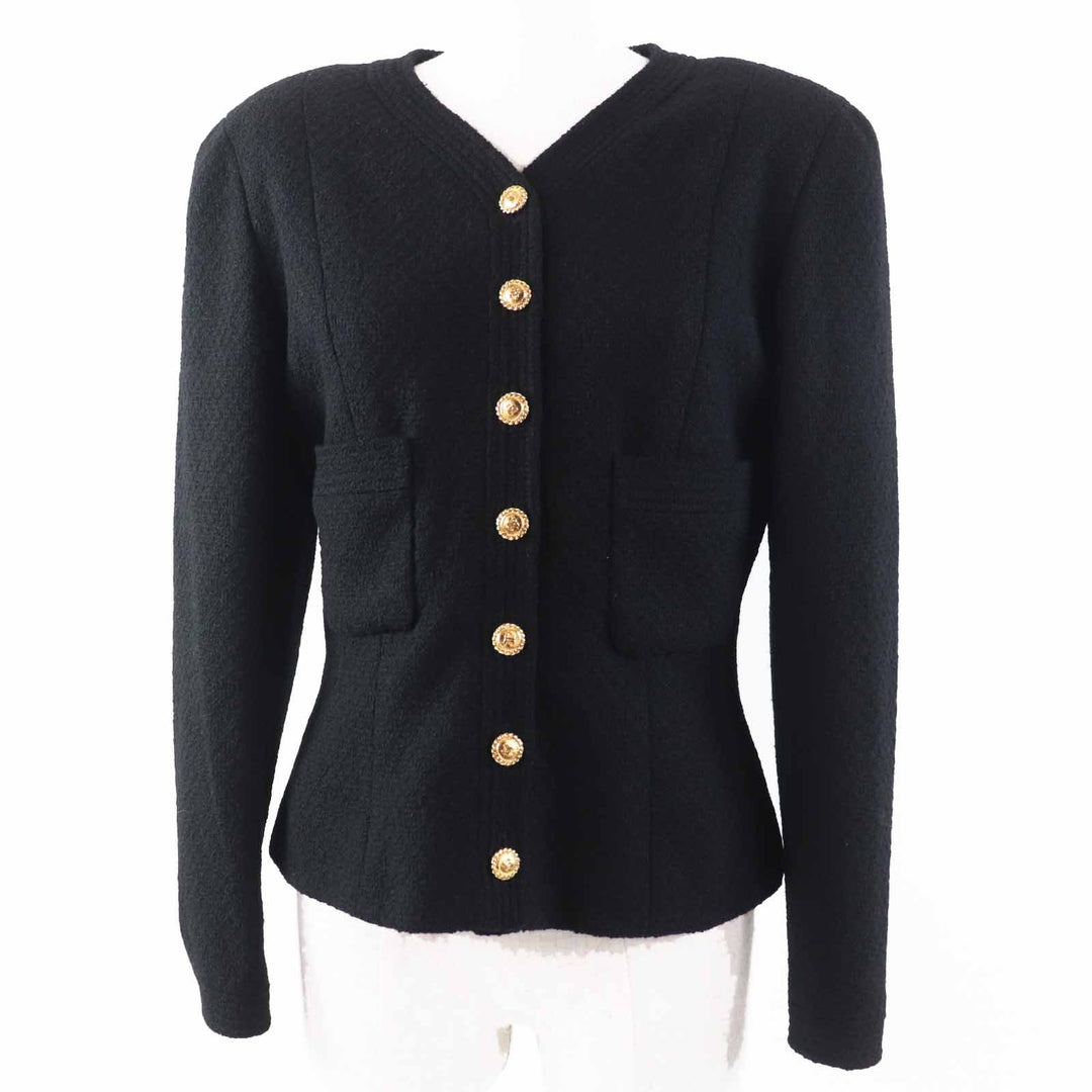 CHANEL Jacket COCO Mark Solid-color tweed with gold buttons Black gold Women 40