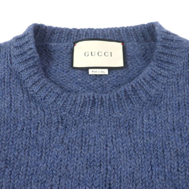 Great GUCCI sweater GG embroidered crew neck knit Navy wool mens XL 636327