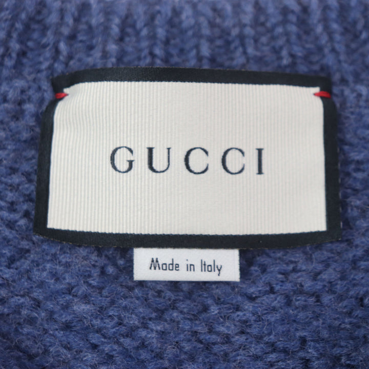 Great GUCCI sweater GG embroidered crew neck knit Navy wool mens XL 636327