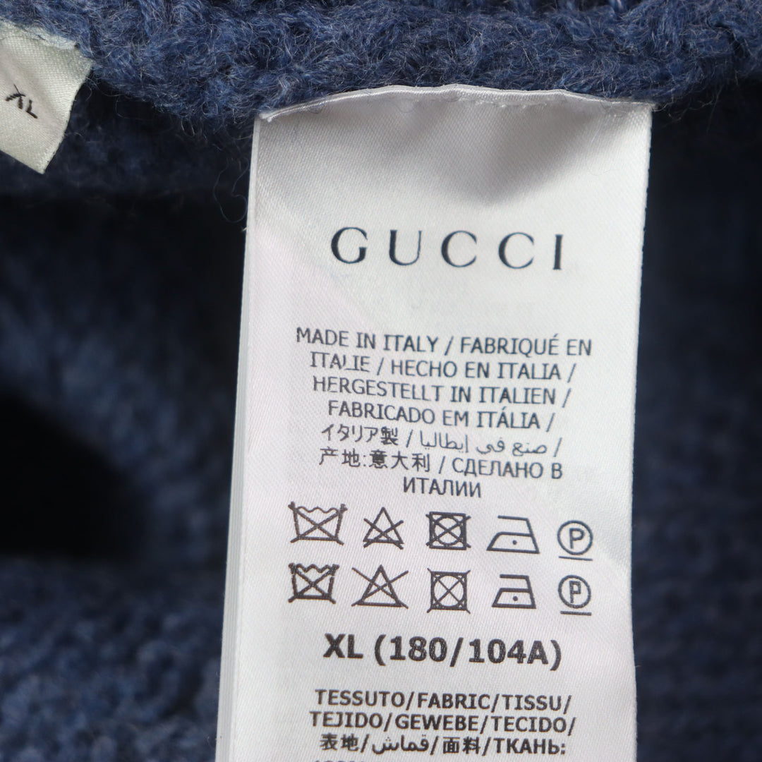 Great GUCCI sweater GG embroidered crew neck knit Navy wool mens XL 636327