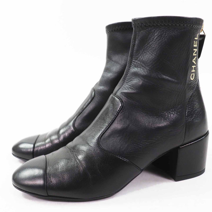 Great CHANEL short boots COCO MarkZIPTOP Black gold leather Women 35.5 G39160
