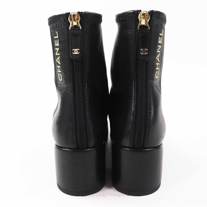 Great CHANEL short boots COCO MarkZIPTOP Black gold leather Women 35.5 G39160